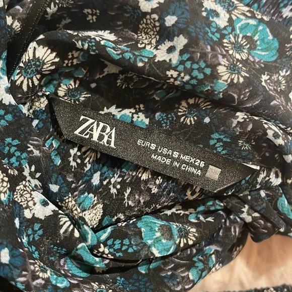 Zara Floral Blue Black Floral Tie Neck Pleated Plisse Mini Dress - Picture 4 of 11